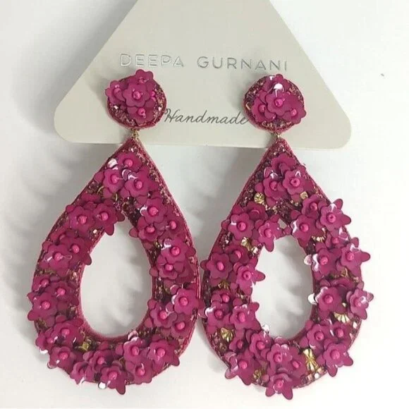 Deepa Gurnani Antropologie Earrings Sequin Beaded Floral Dangle Teardrop Fuschia - Picture 9 of 11